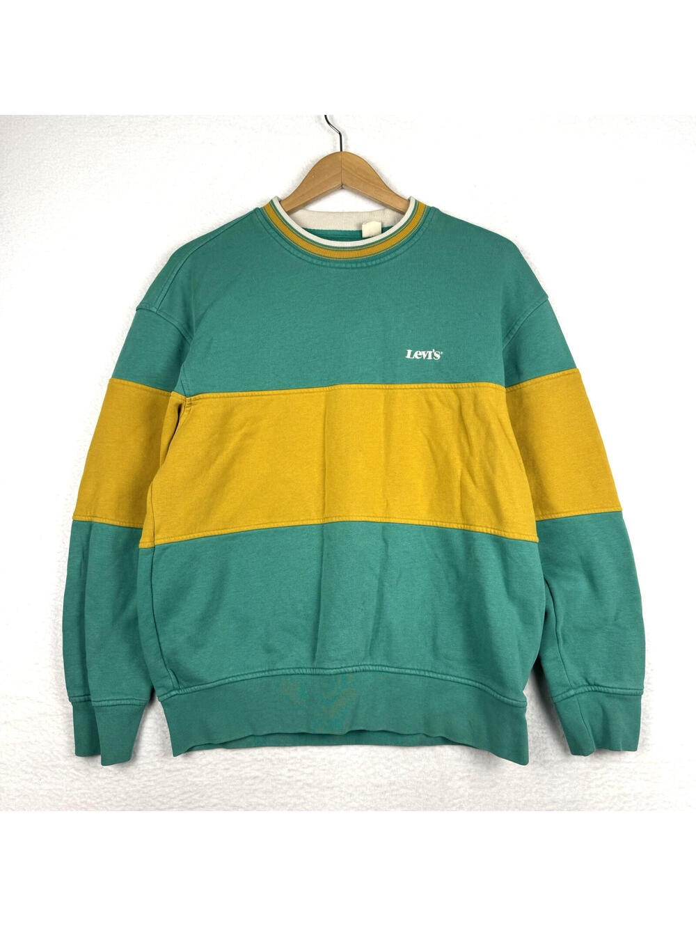 Levis Small Relaxed Color Block Crew Sweateshirt Teal Blue Yellow Long Sleeve